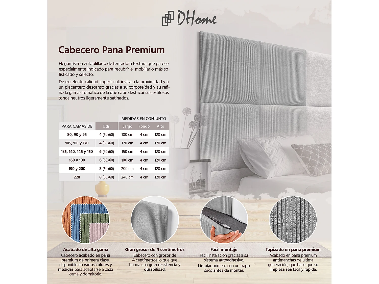 DHOME Premium Corduroy gestoffeerd hoofdeinde samengesteld uit verwisselbare zelfklevende panelen Luxe slaapkamer opgevuld (grijs, 140cm)