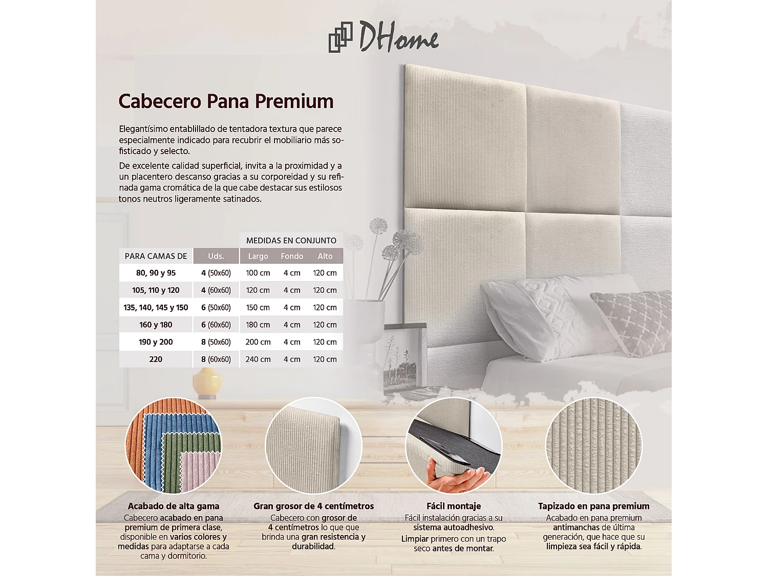 DHOME Tête de lit rembourrée en velours côtelé de qualité supérieure composée de panneaux autocollants interchangeables (beige, 120 cm)