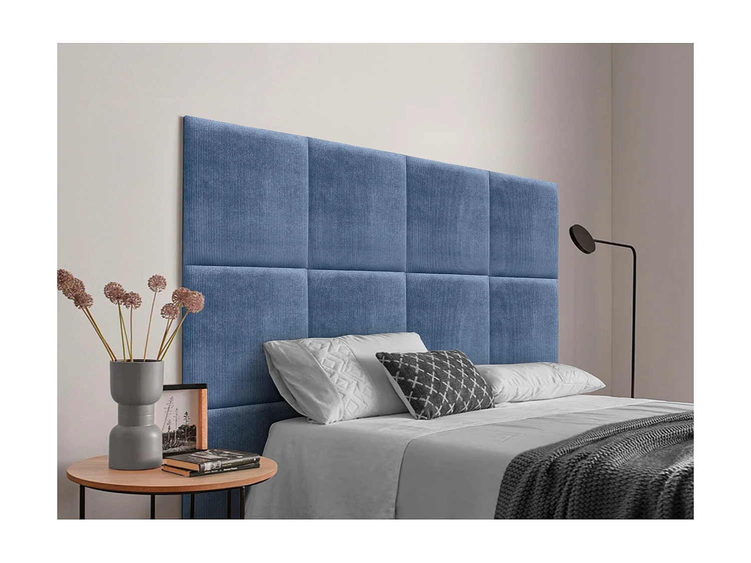 DHOME Tête de lit rembourrée en velours côtelé de qualité supérieure composée de panneaux autocollants interchangeables (bleu, 105 cm)