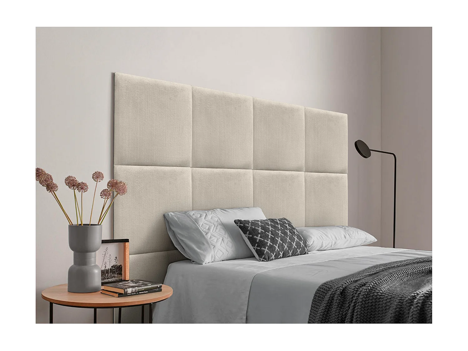 DHOME Tête de lit rembourrée en velours côtelé de qualité supérieure composée de panneaux autocollants interchangeables (beige, 160 cm)