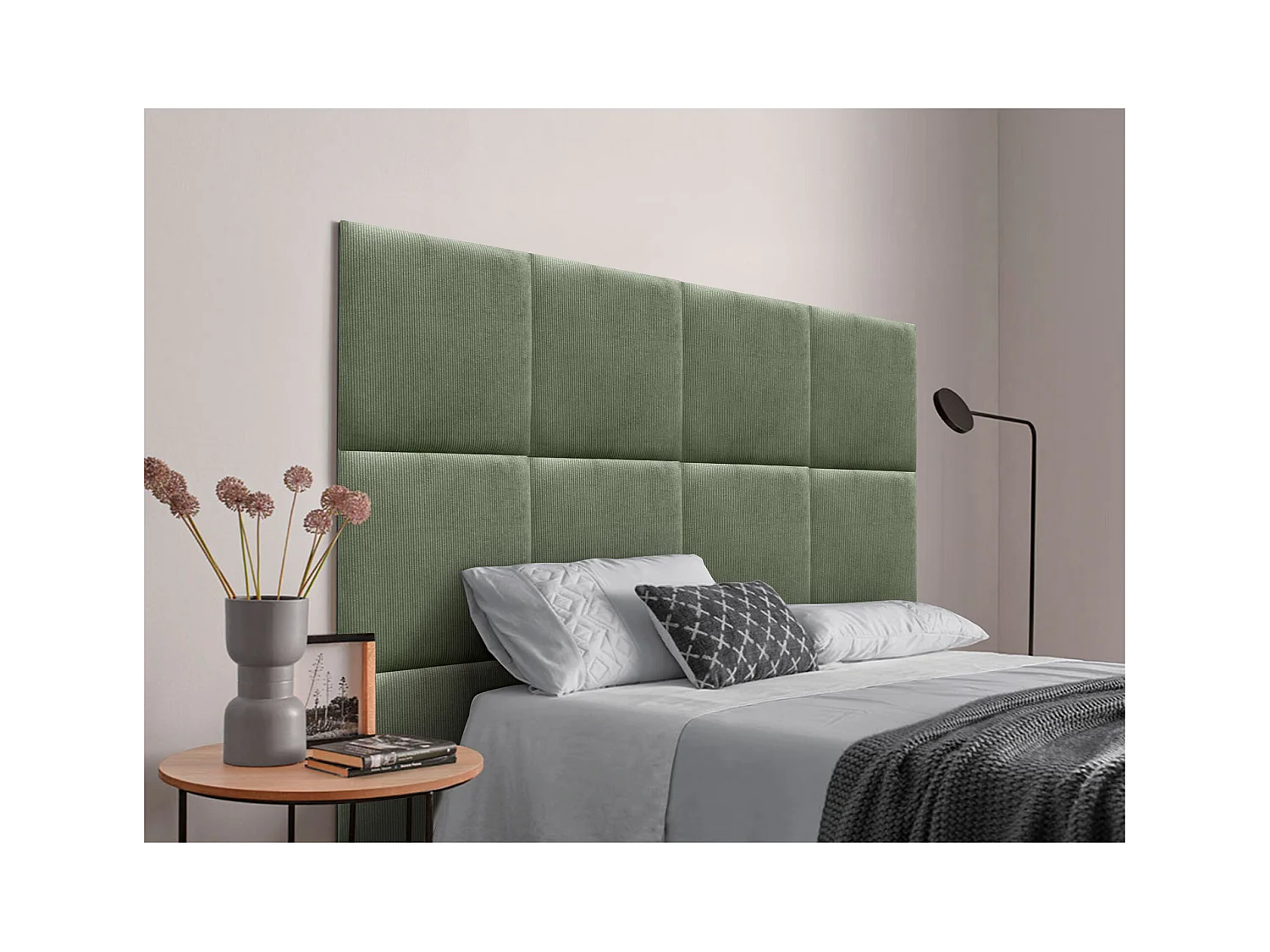 DHOME Tête de lit rembourrée en velours côtelé de qualité supérieure composée de panneaux autocollants interchangeables (vert jungle, 105 cm)