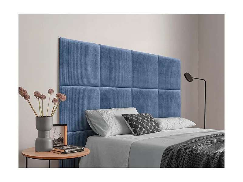 DHOME Tête de lit rembourrée en velours côtelé de qualité supérieure composée de panneaux autocollants interchangeables (bleu, 145 cm)