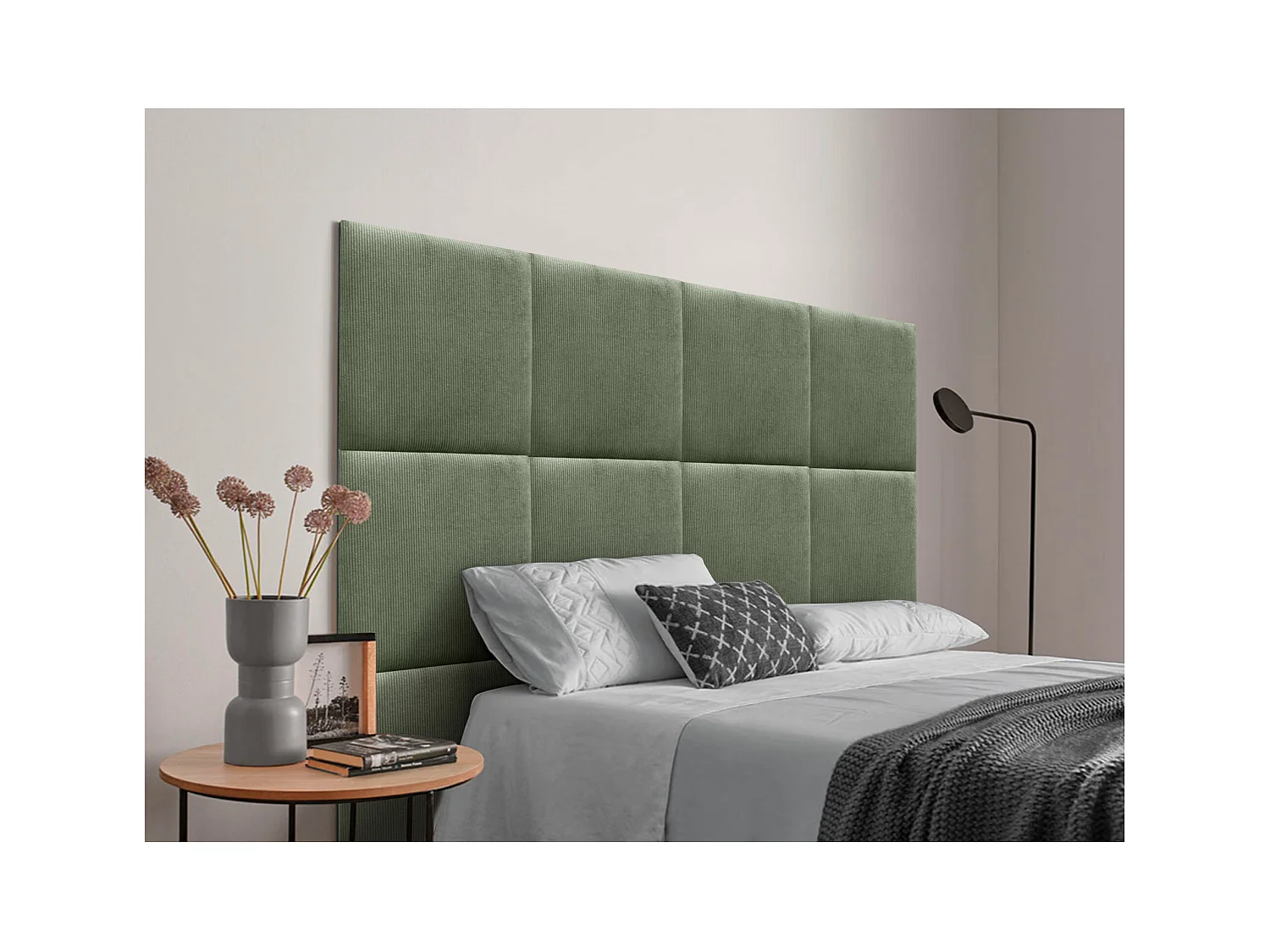 DHOME Tête de lit rembourrée en velours côtelé de qualité supérieure composée de panneaux autocollants interchangeables (vert jungle, 150 cm)