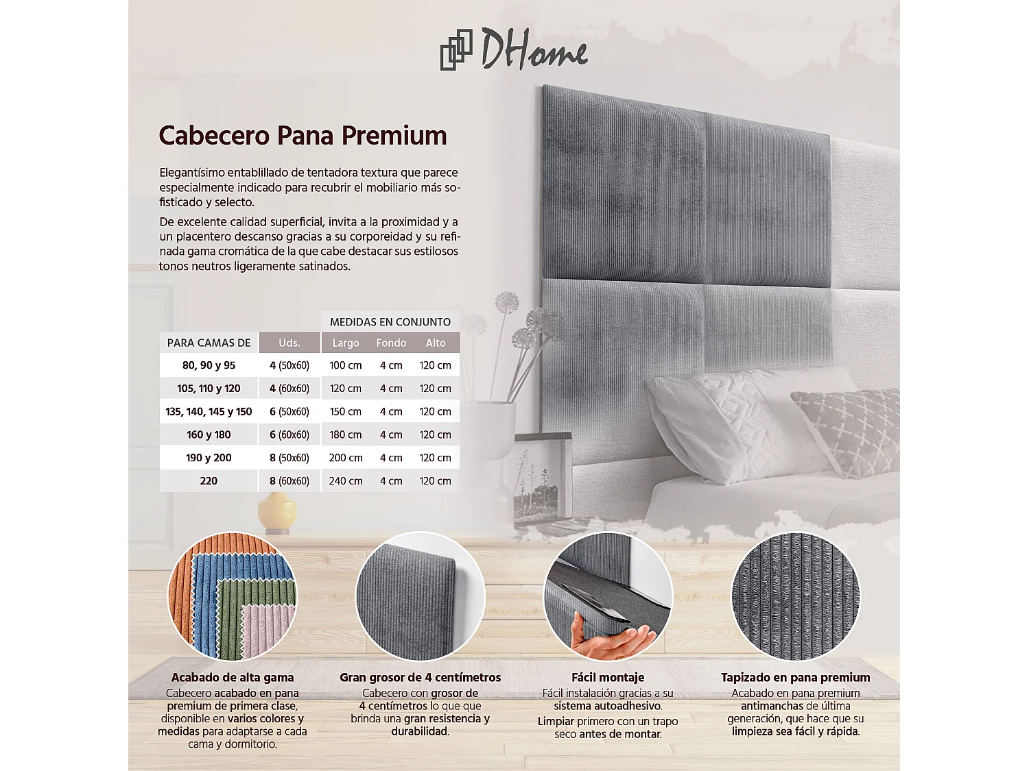 DHOME Premium Corduroy gestoffeerd hoofdeinde samengesteld uit verwisselbare zelfklevende panelen Luxe slaapkamer opgevuld (donkergrijs, 90cm)