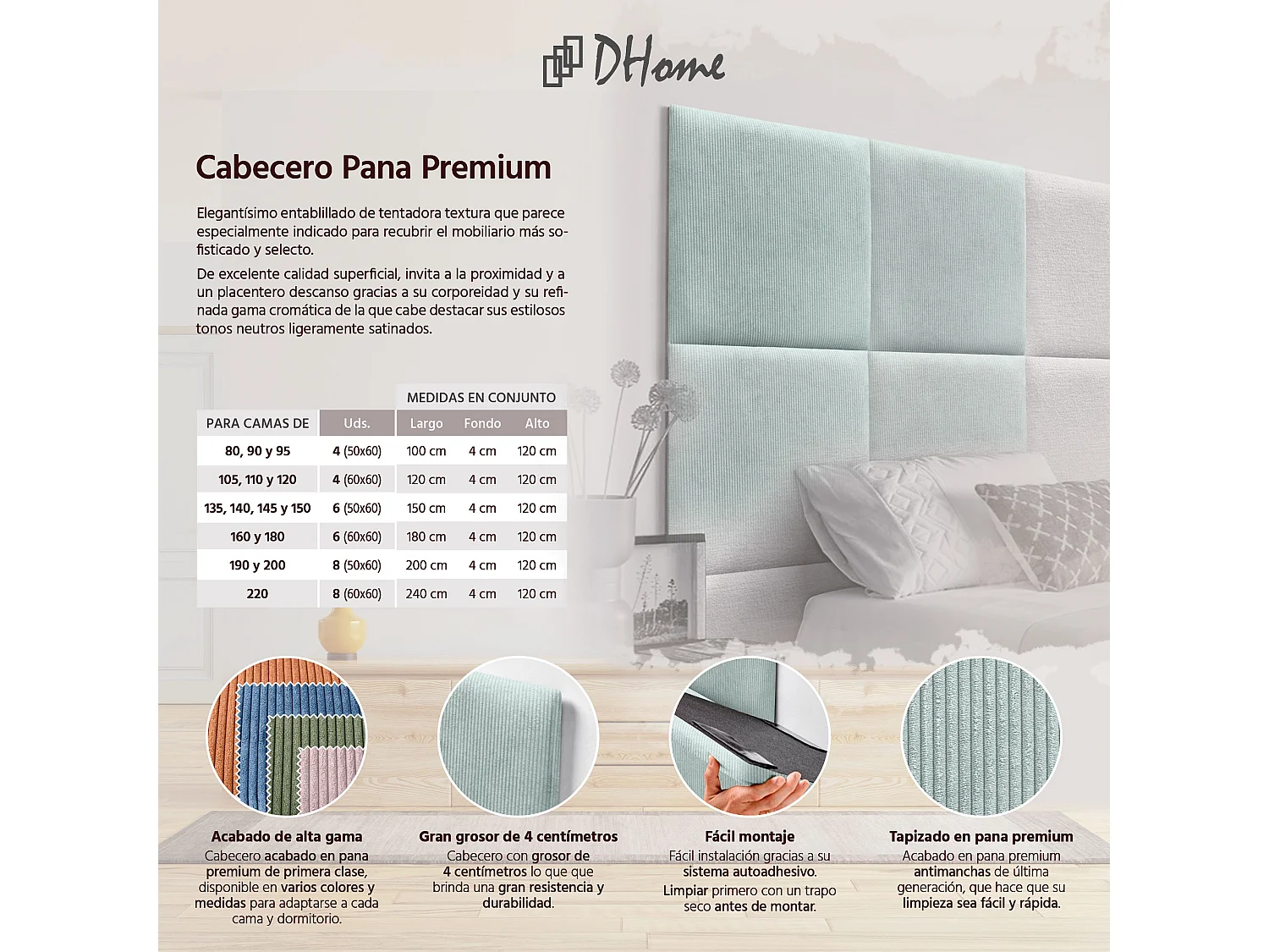 DHOME Tête de lit rembourrée en velours côtelé de qualité supérieure composée de panneaux autocollants interchangeables (vert aqua, 110 cm)