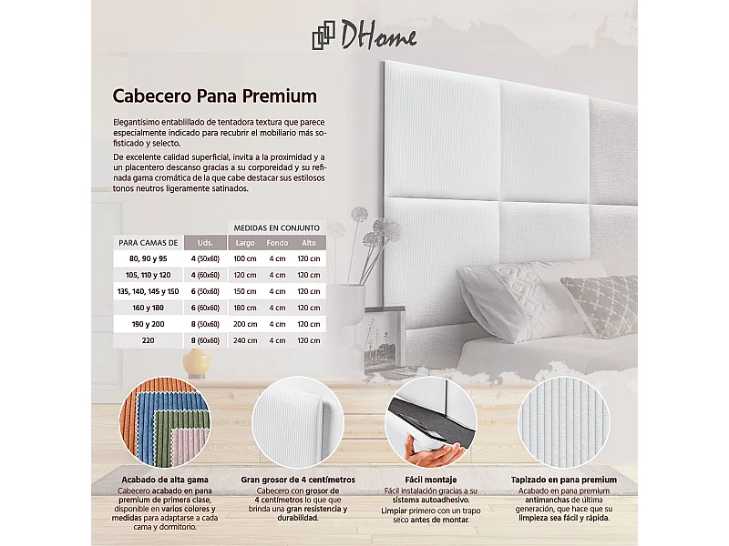 DHOME Testiera imbottita in velluto a coste premium composta da pannelli autoadesivi intercambiabili Camera  imbottita (Bianco,110 cm)