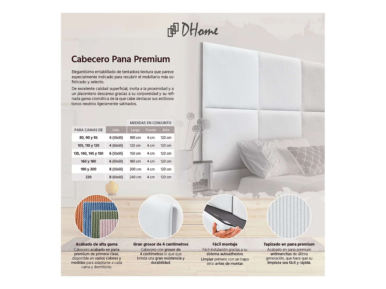 DHOME Tête de lit rembourrée en velours côtelé de qualité supérieure composée de panneaux autocollants interchangeables (blanc, 110 cm)
