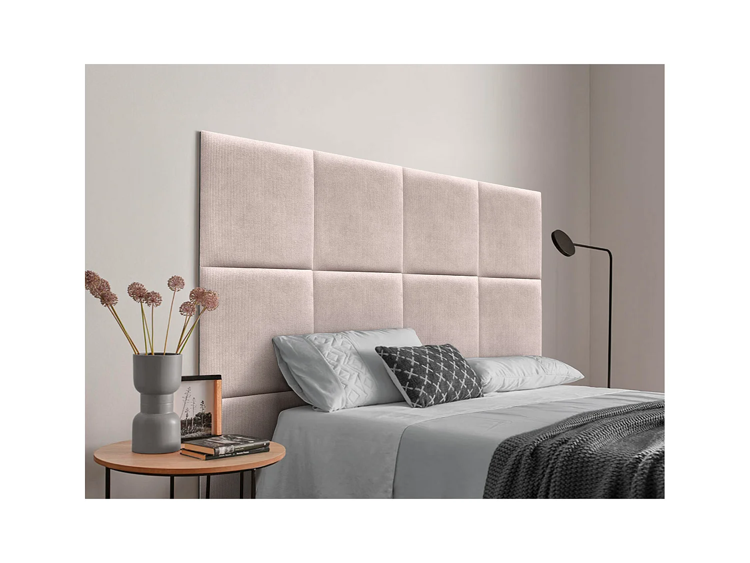 DHOME Tête de lit rembourrée en velours côtelé de qualité supérieure composée de panneaux autocollants interchangeables (rose, 135 cm)