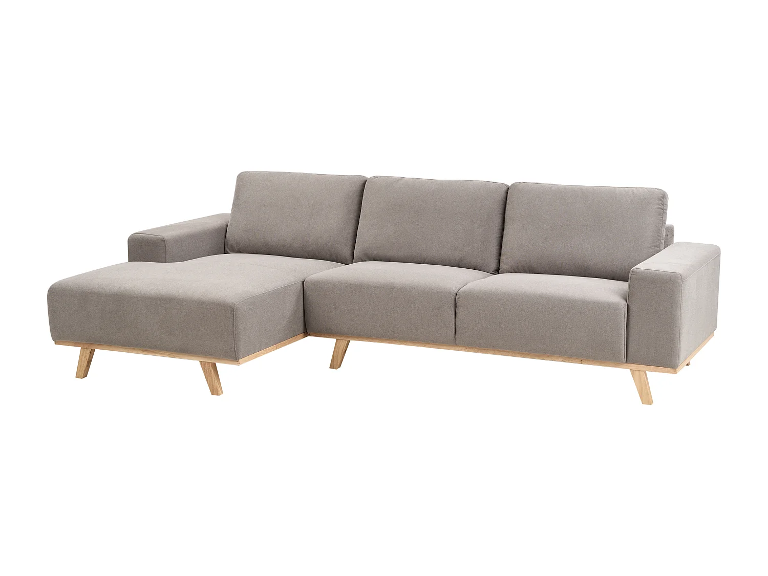 Canapé d'Angle à gauche Moderne en Tissu Polyester Pieds en Bois Clair Dossier avec Coussin Taupe Nora