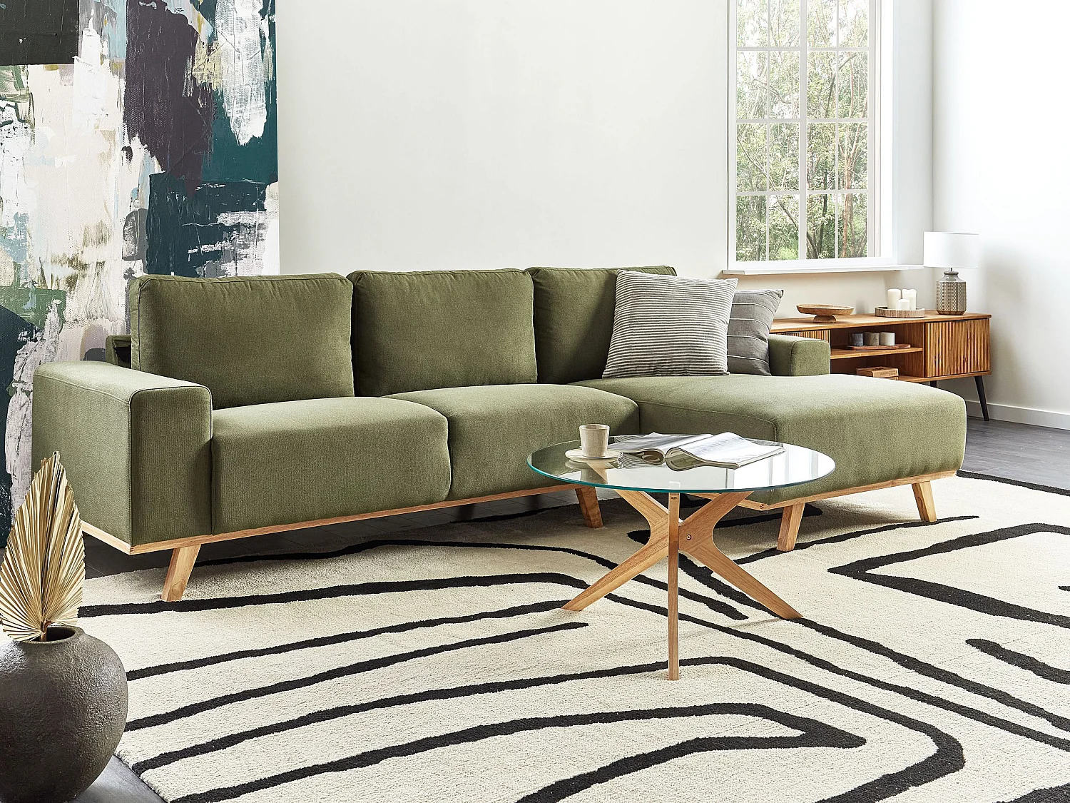 Divano angolare NORA Tessuto Verde 3 posti Lato Sinistro