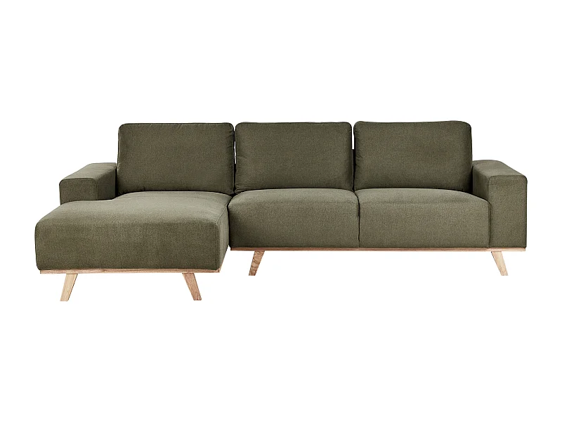 Canapé d'Angle à gauche Moderne en Tissu Polyester Pieds en Bois Clair Dossier avec Coussin Vert Nora