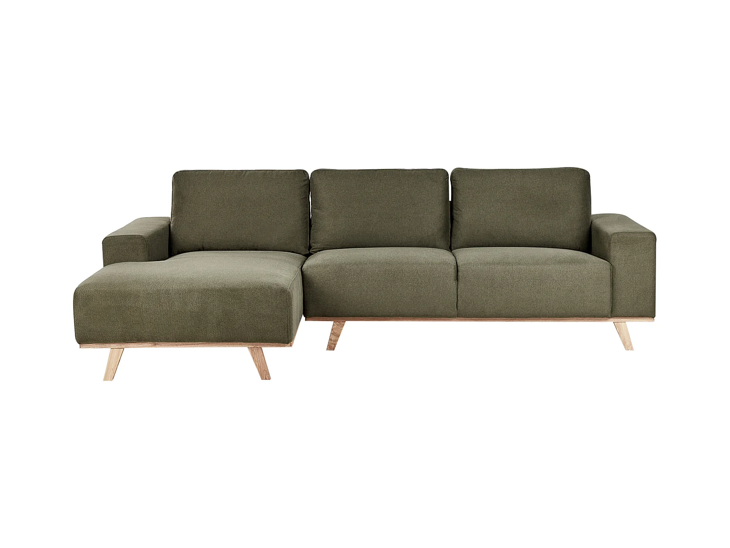 Canapé d'Angle à gauche Moderne en Tissu Polyester Pieds en Bois Clair Dossier avec Coussin Vert Nora