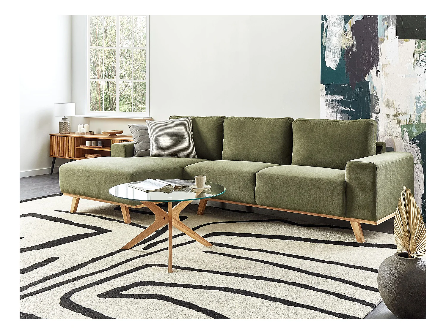 Canapé d'Angle à gauche Moderne en Tissu Polyester Pieds en Bois Clair Dossier avec Coussin Vert Nora