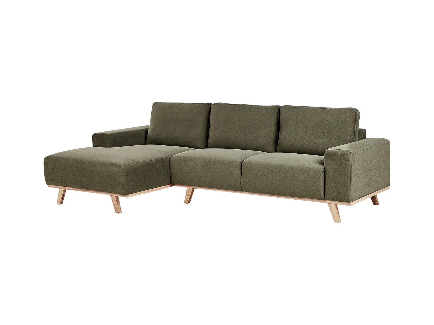 Canapé d'Angle à gauche Moderne en Tissu Polyester Pieds en Bois Clair Dossier avec Coussin Vert Nora