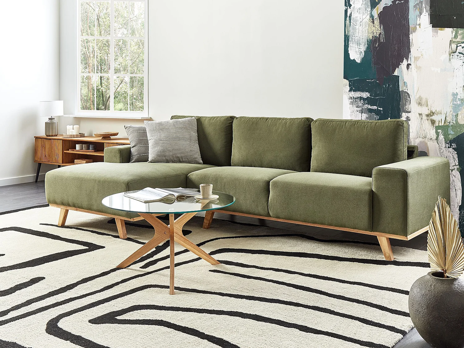 Canapé d'Angle à gauche Moderne en Tissu Polyester Pieds en Bois Clair Dossier avec Coussin Vert Nora