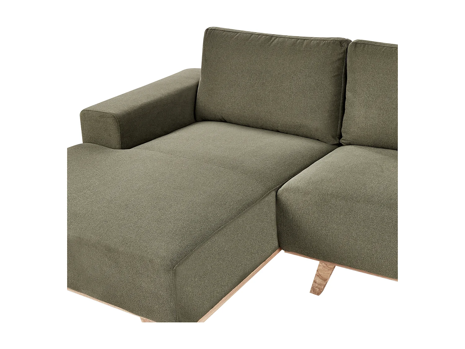 Canapé d'Angle à gauche Moderne en Tissu Polyester Pieds en Bois Clair Dossier avec Coussin Vert Nora