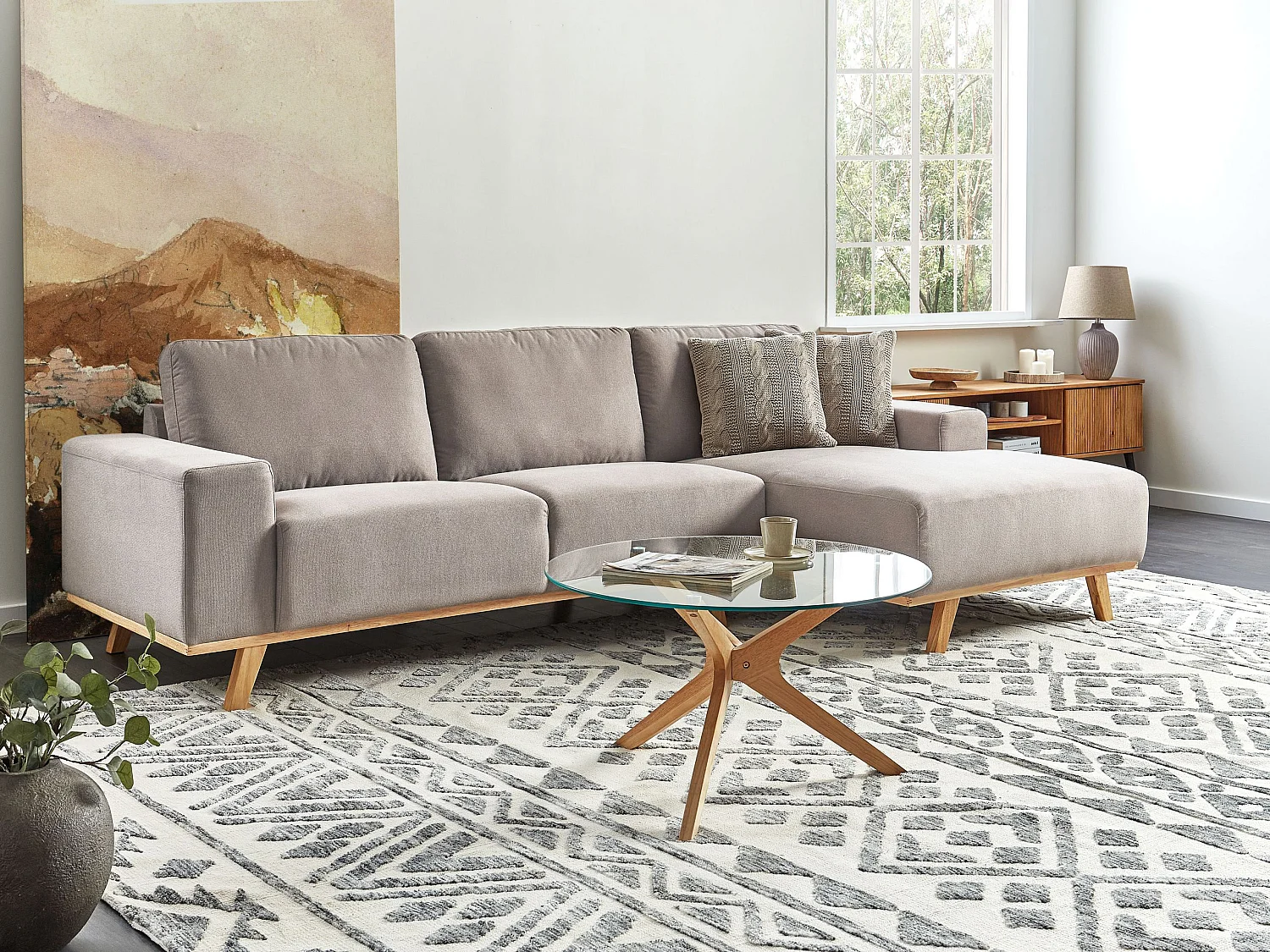 Canapé d'Angle à droite Moderne en Tissu Polyester Pieds en Bois Clair Dossier avec Coussin Taupe Nora