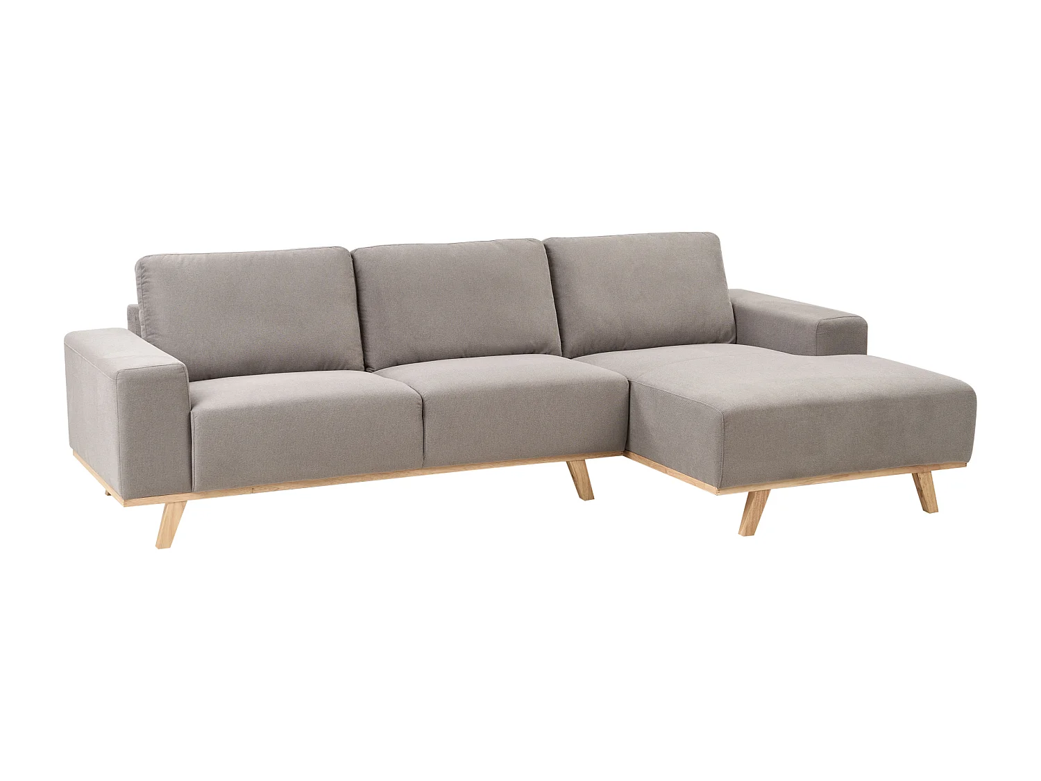 Canapé d'Angle à droite Moderne en Tissu Polyester Pieds en Bois Clair Dossier avec Coussin Taupe Nora