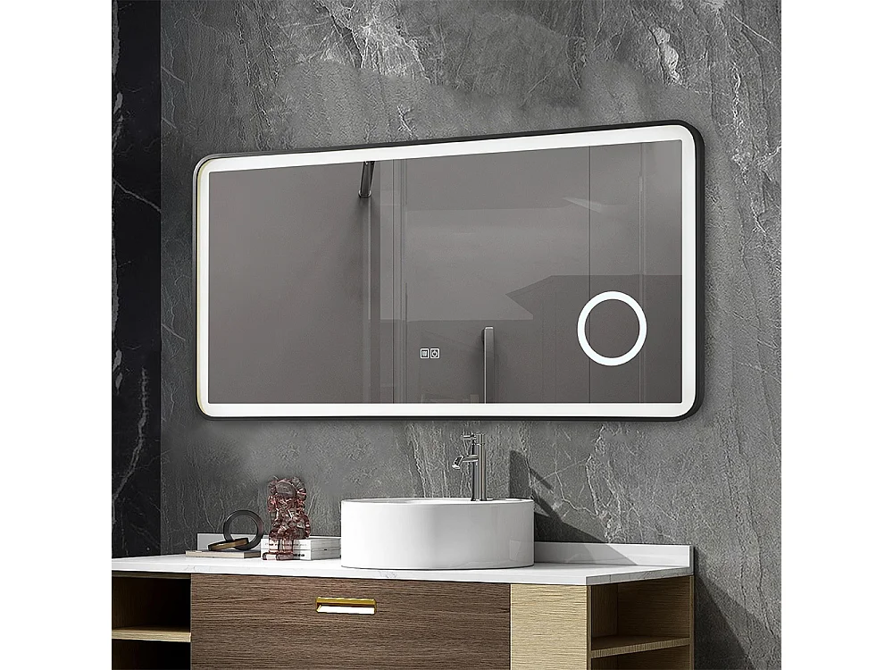 Miroir salle de bain LED 90x60cm anti buée avec cadre en aluminium noir et loupe x3 LB-4685B