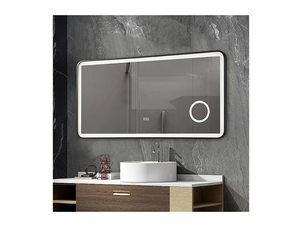 Miroir salle de bain LED 90x60cm anti buée avec cadre en aluminium noir et loupe x3 LB-4685B