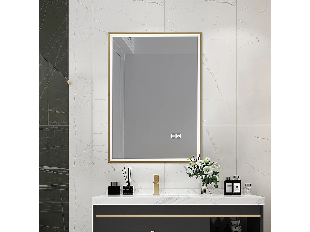 Miroir salle de bain LED 50x70cm anti buée avec cadre doré LB-126080G