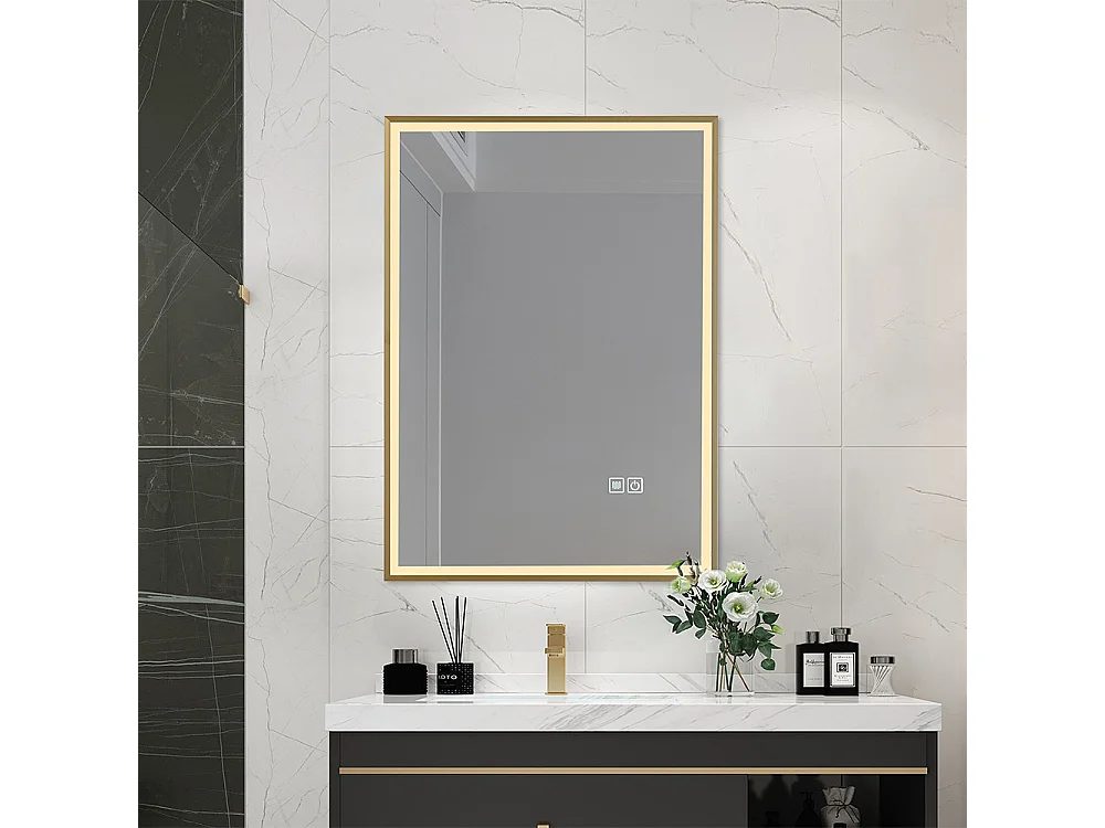 Miroir salle de bain LED 50x70cm anti buée avec cadre doré LB-126080G