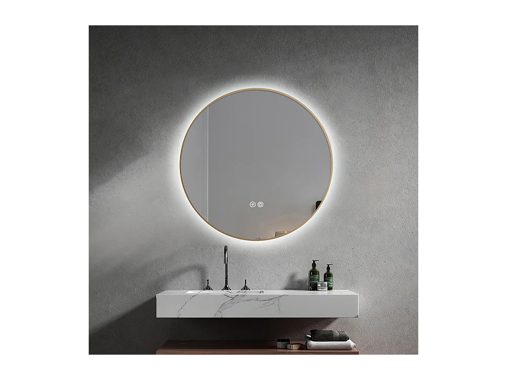Miroir salle de bain LED rond 80cm anti buée avec cadre doré LB-4647GA