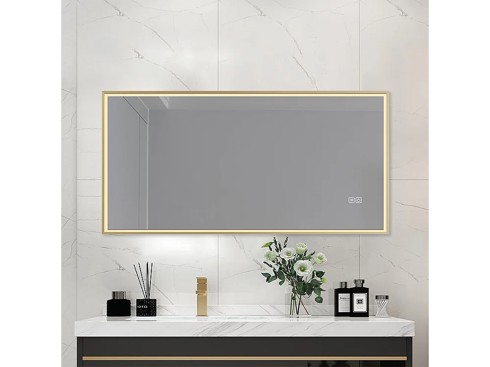 Miroir salle de bain LED 90x60cm anti buée avec cadre doré LB-126080G