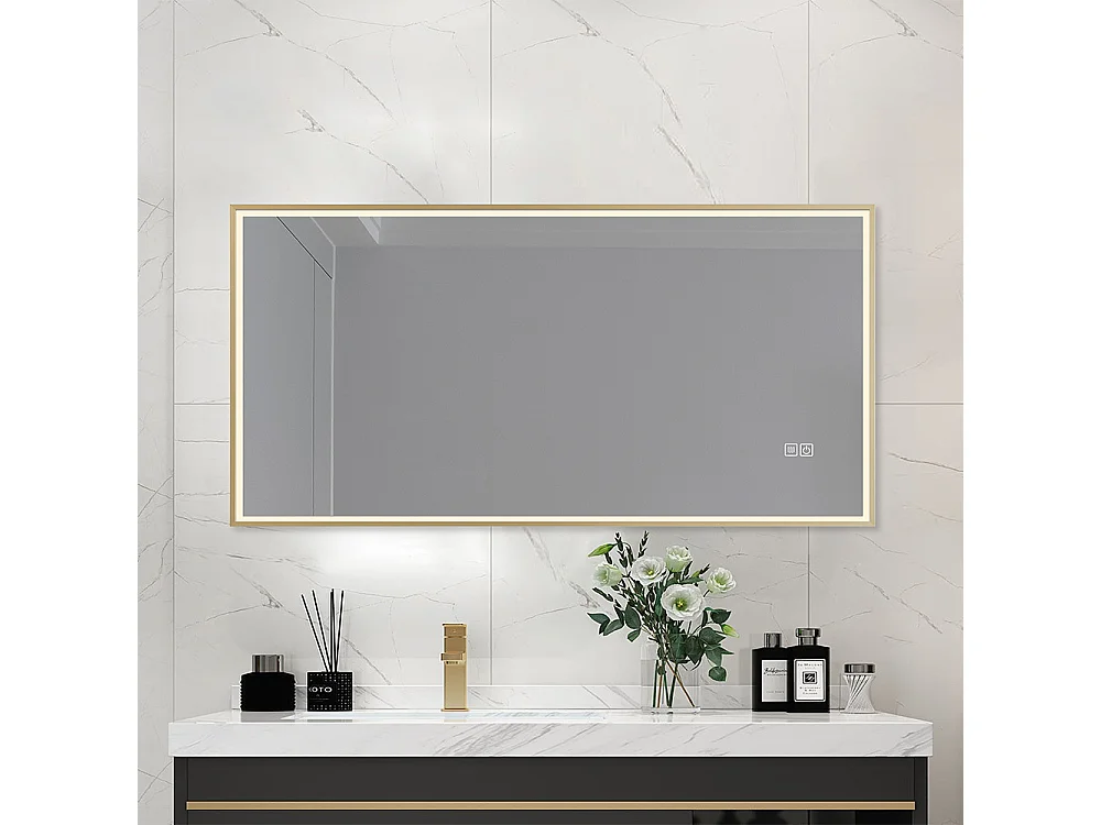 Miroir salle de bain LED 90x60cm anti buée avec cadre doré LB-126080G
