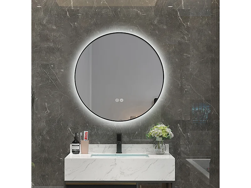 Miroir salle de bain LED rond 90cm anti buée avec cadre noir LB-4647BA