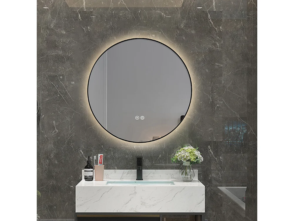 Miroir salle de bain LED rond 90cm anti buée avec cadre noir LB-4647BA