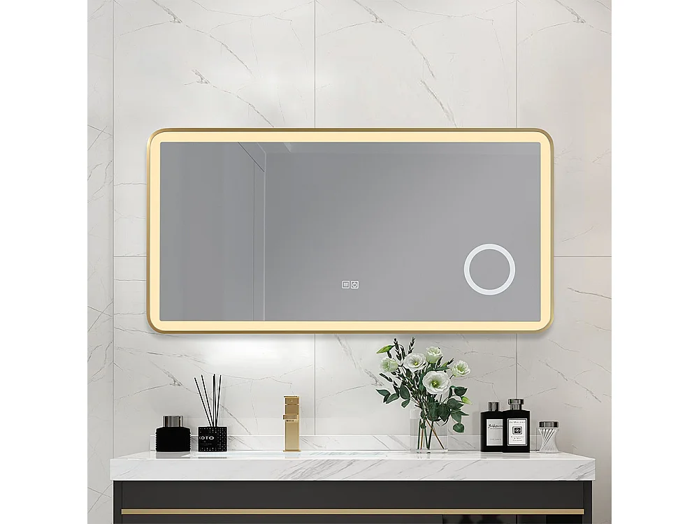 Miroir salle de bain LED 90x60cm anti buée avec cadre en aluminium doré et loupe x3 LB-4685G