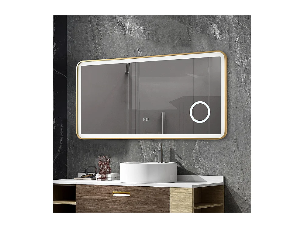 Miroir salle de bain LED 90x60cm anti buée avec cadre en aluminium doré et loupe x3 LB-4685G