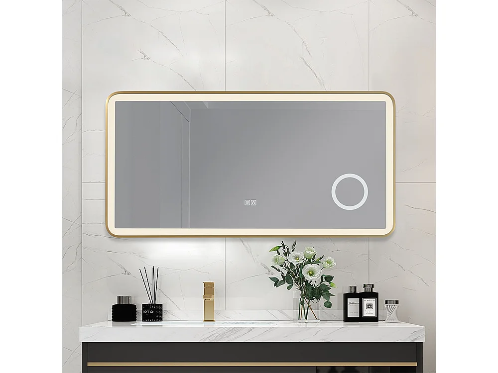 Miroir salle de bain LED 90x60cm anti buée avec cadre en aluminium doré et loupe x3 LB-4685G