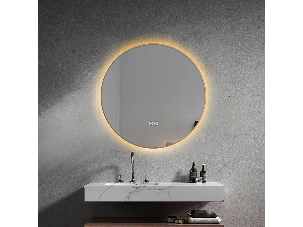 Miroir salle de bain LED rond 90cm anti buée avec cadre doré LB-4647GA