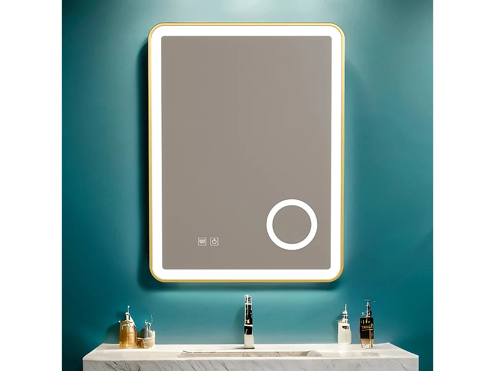 Miroir salle de bain LED 50x70cm anti buée avec cadre en aluminium doré et loupe x3 LB-4685G