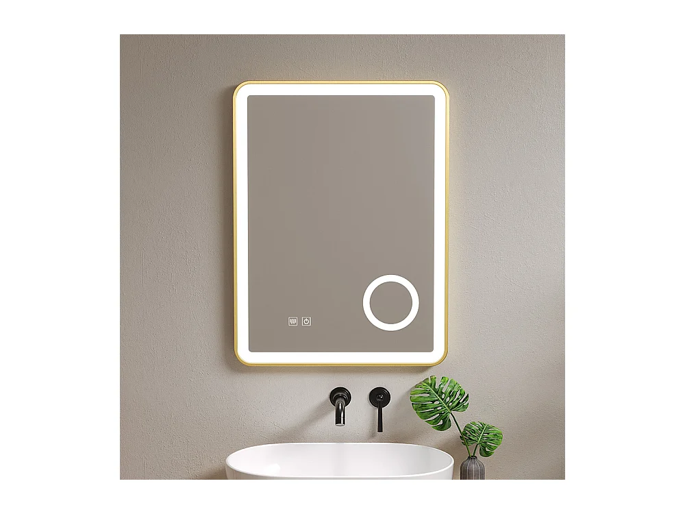 Miroir salle de bain LED 50x70cm anti buée avec cadre en aluminium doré et loupe x3 LB-4685G
