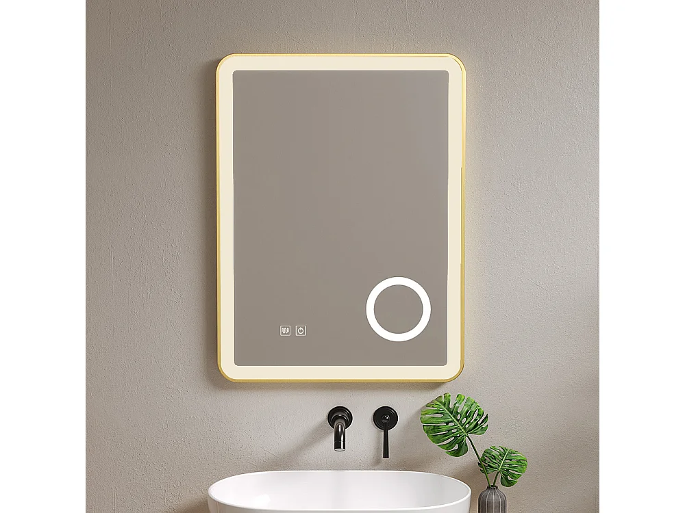 Miroir salle de bain LED 50x70cm anti buée avec cadre en aluminium doré et loupe x3 LB-4685G
