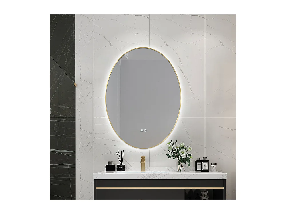 Miroir salle de bain LED ovale 50x70cm anti buée avec cadre doré LB-4646G