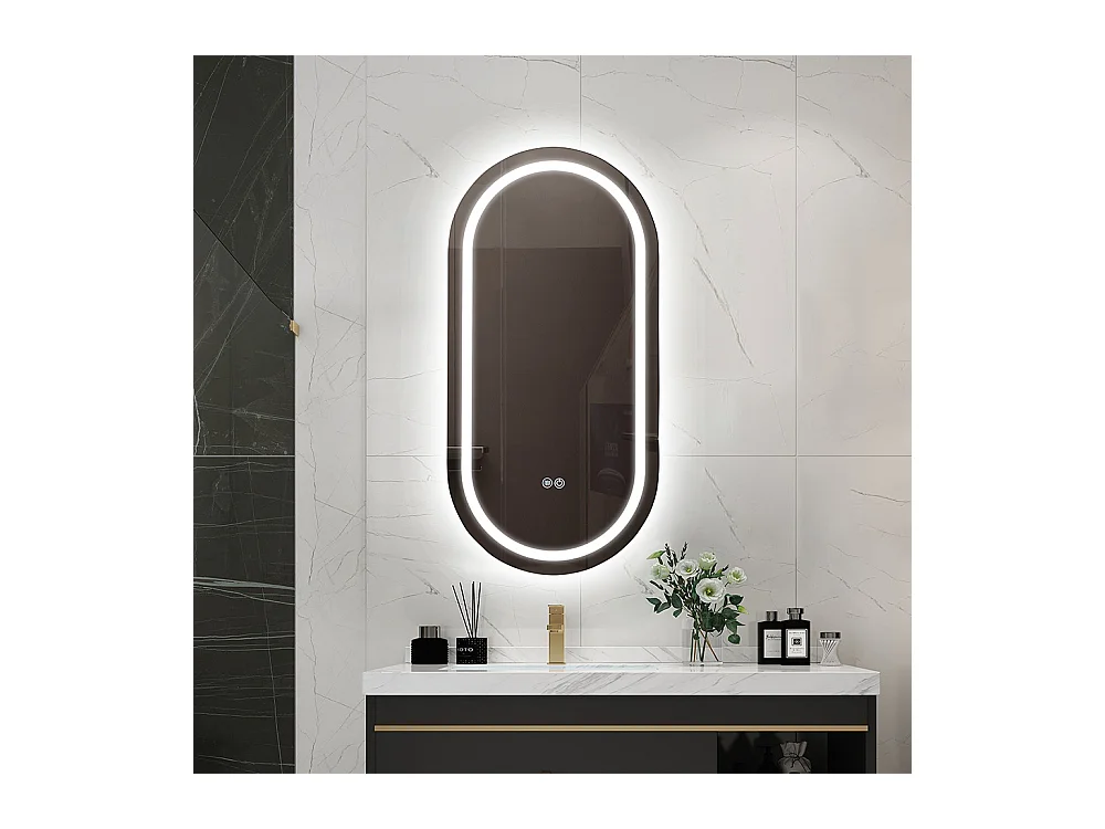 Miroir salle de bain LED ovale 45x90cm anti buée et LED 3 couleurs