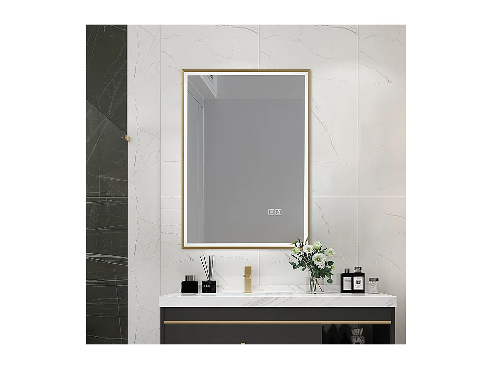 Miroir salle de bain LED 60x80cm anti buée avec cadre doré LB-126080G