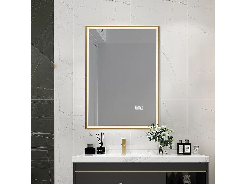 Miroir salle de bain LED 60x80cm anti buée avec cadre doré LB-126080G