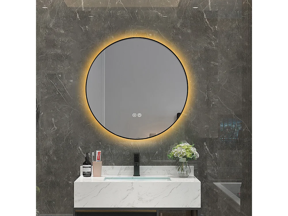Miroir salle de bain LED rond 80cm anti buée avec cadre noir LB-4647BA