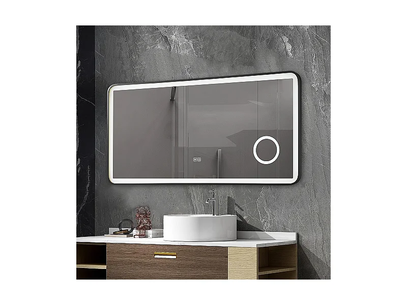 Miroir salle de bain LED 110x60cm anti buée avec cadre en aluminium noir et loupe x3 LB-4685B