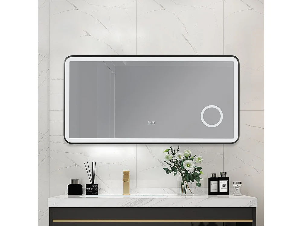 Miroir salle de bain LED 110x60cm anti buée avec cadre en aluminium noir et loupe x3 LB-4685B