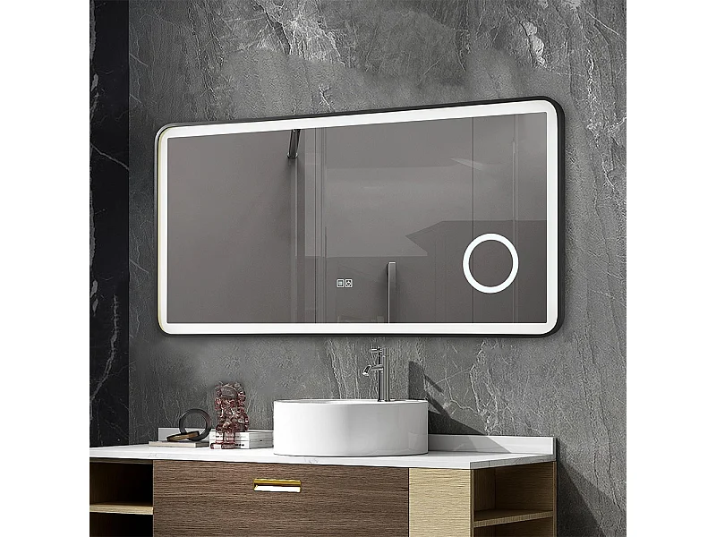 Miroir salle de bain LED 110x60cm anti buée avec cadre en aluminium noir et loupe x3 LB-4685B