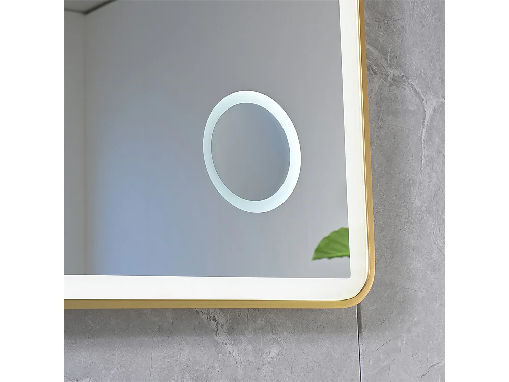 Miroir salle de bain LED 110x60cm  anti buée avec cadre en aluminium doré et loupe x3 LB-4685G