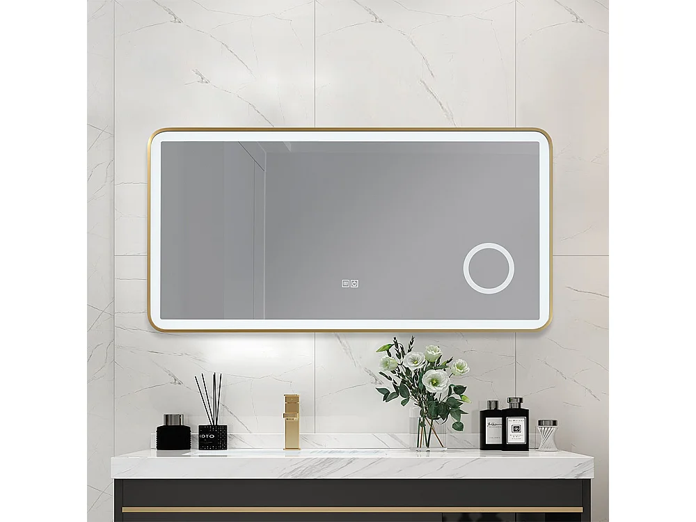 Miroir salle de bain LED 110x60cm  anti buée avec cadre en aluminium doré et loupe x3 LB-4685G