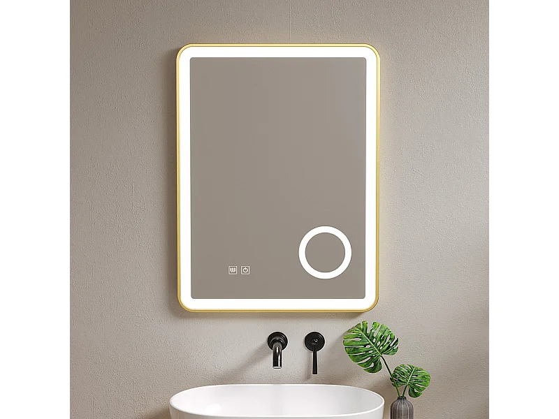 Miroir salle de bain LED 60x80 anti buée avec cadre en aluminium doré et loupe x3 LB-4685G