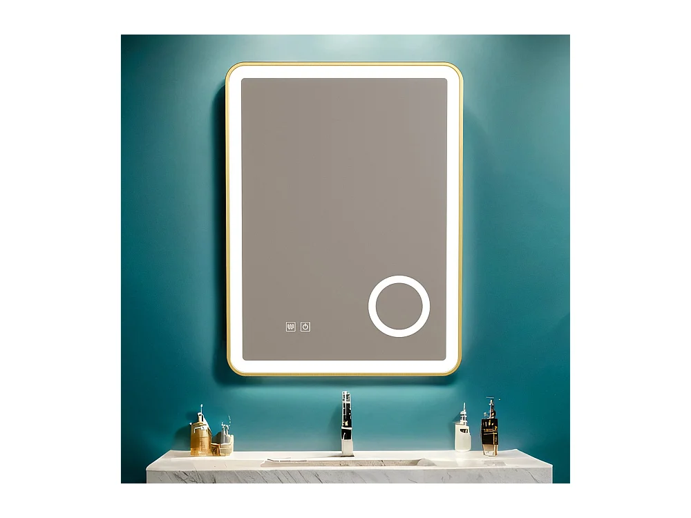 Miroir salle de bain LED 60x80 anti buée avec cadre en aluminium doré et loupe x3 LB-4685G
